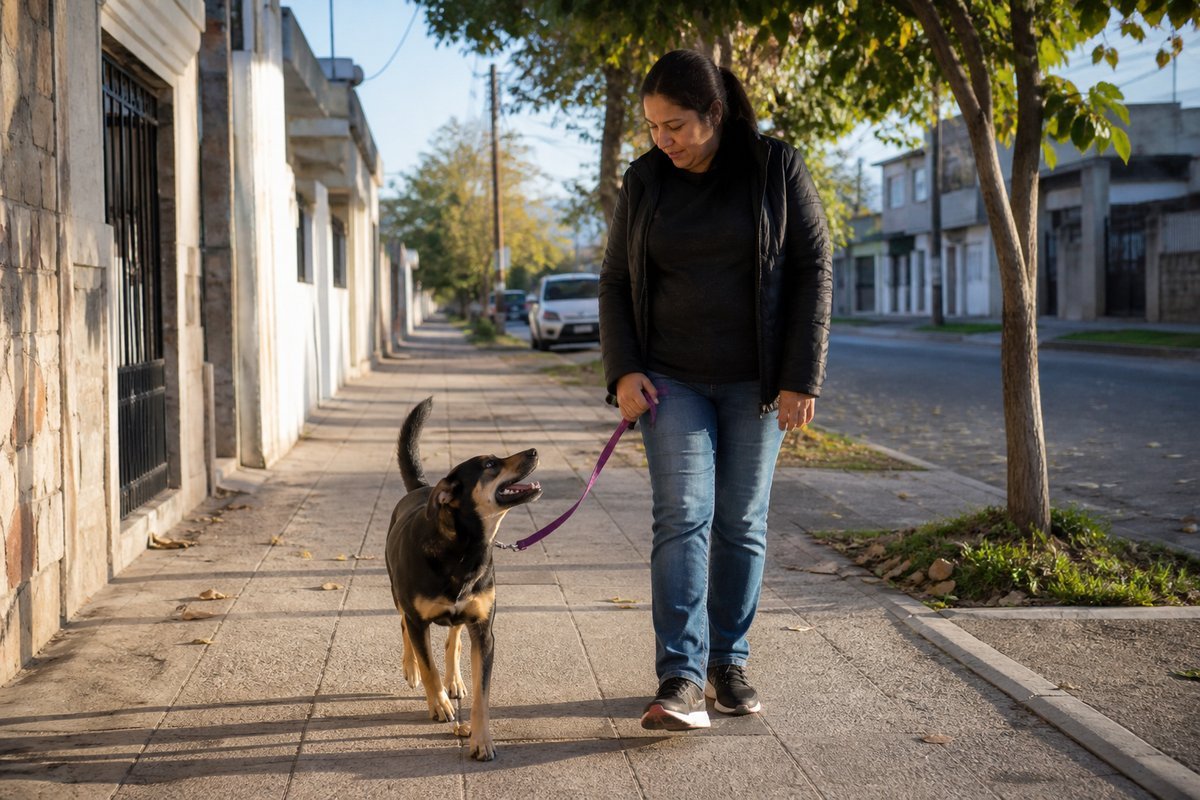 Mujer paseando un perro mestizo con correa por vereda residencial del conurbano al atardecer, foto ilustrativa (Gemini)