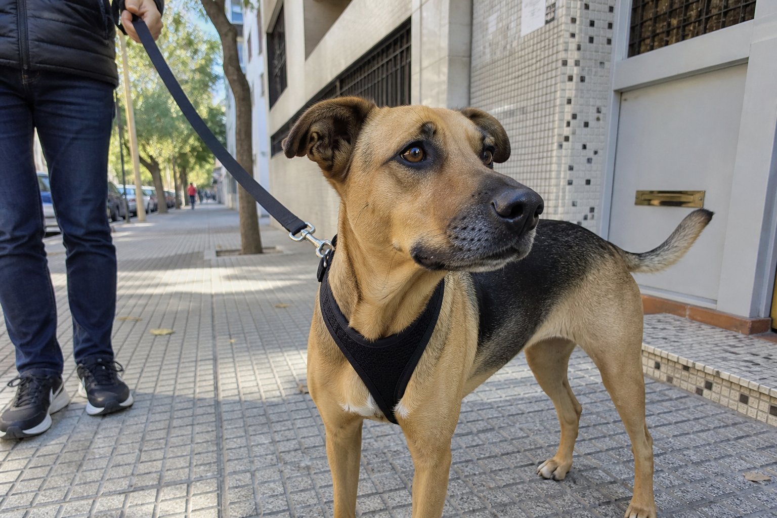 Mestizo canela y negro con arnés en Y negro y correa en vereda de baldosas, foto Gemini (no stock)