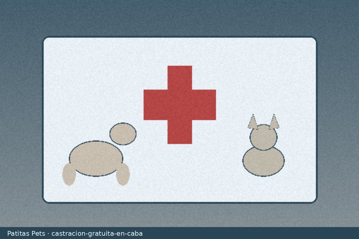 Ilustración de clínica veterinaria con cruz y siluetas de perro y gato, foto local Patitas Pets (no stock)