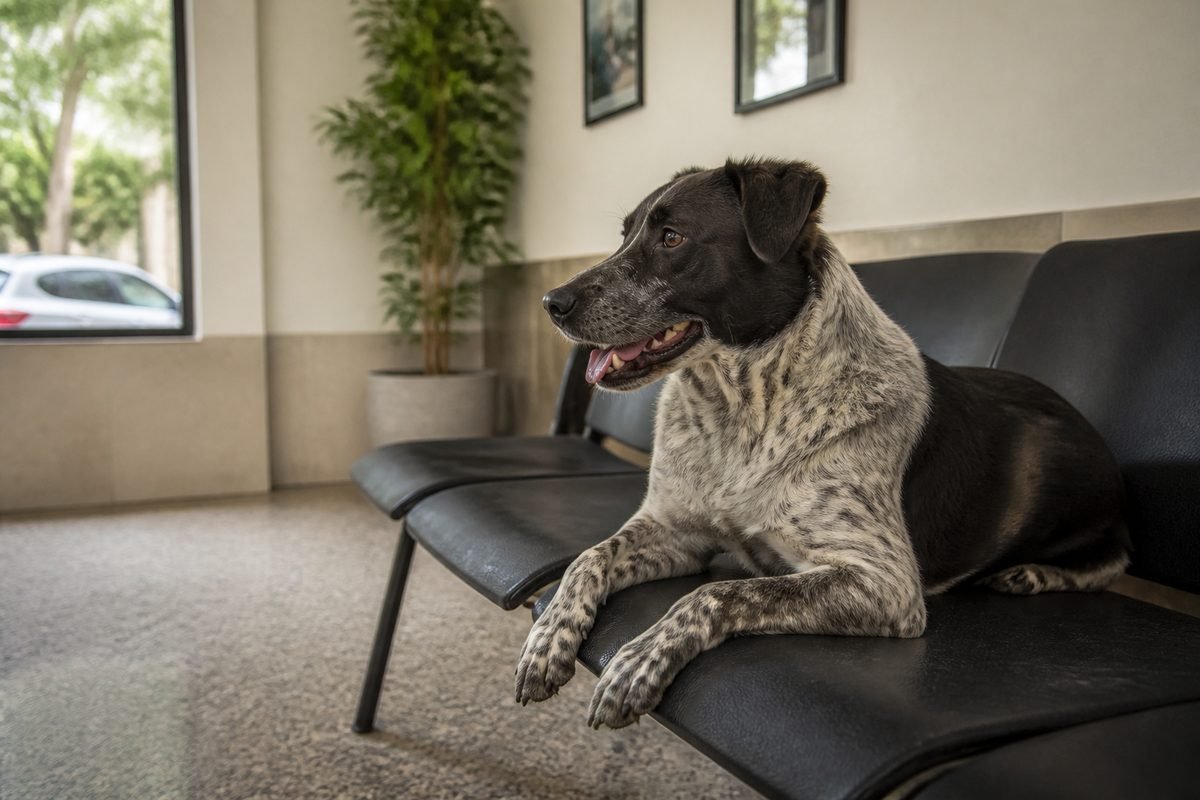 Perro mestizo en consulta veterinaria con collar, foto ilustrativa de castración en PBA (entrega local, no Unsplash)