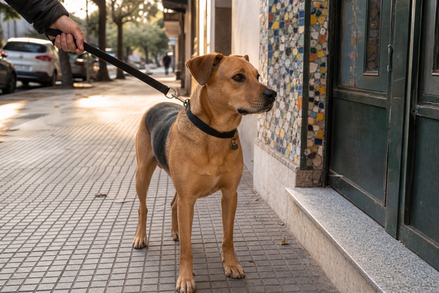 Mestizo canela y negro con collar negro y chapita en vereda de baldosas, foto Gemini (no stock)