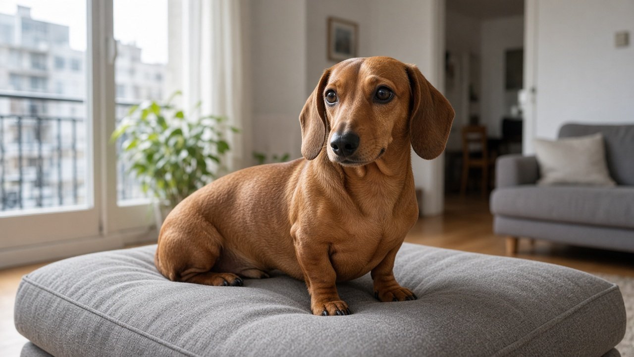 Dachshund pelo corto rojo en sillón de depto, foto única Patitas Pets