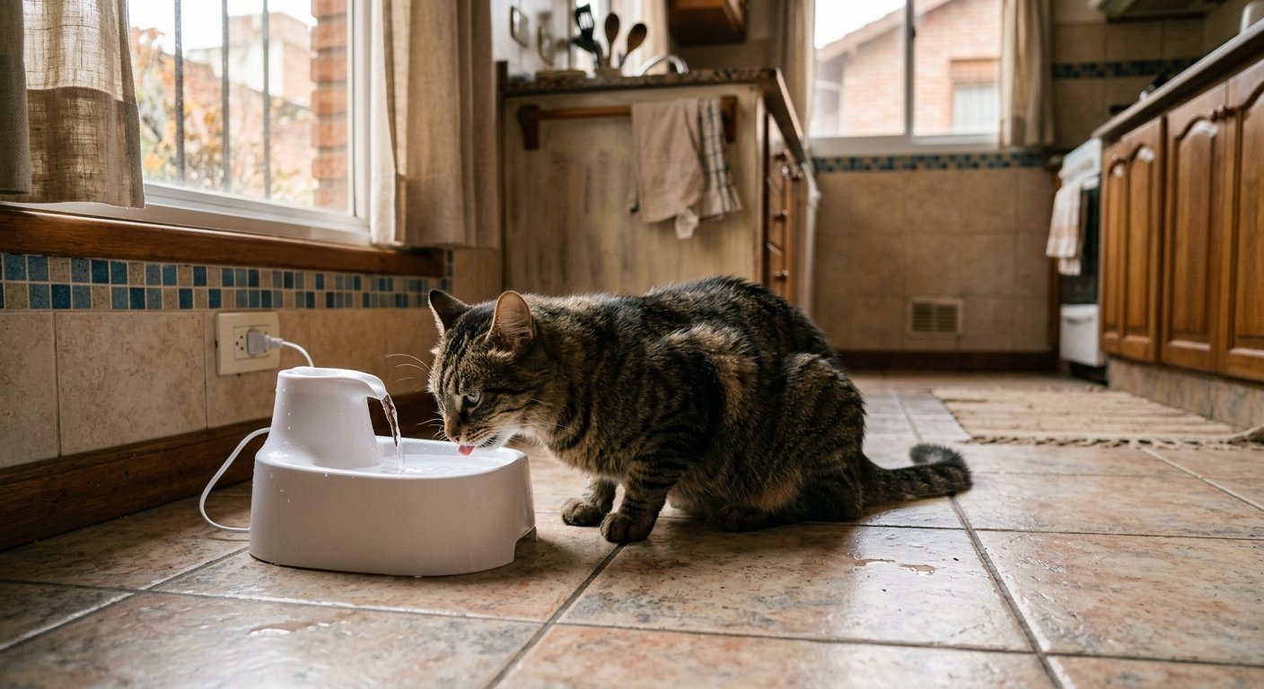 Gato indoor junto a una fuente de agua, ilustrativo