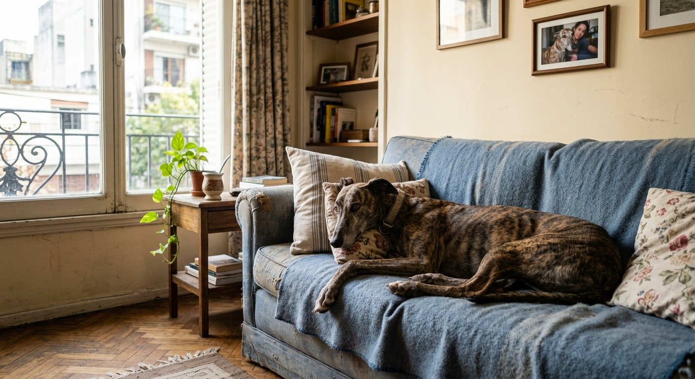 Galgo atigrado recostado en un sillón, depto tipo CABA, foto Gemini (no stock)
