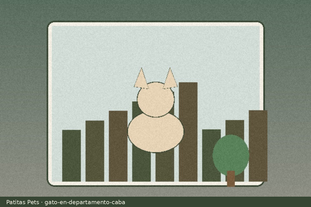 Ilustración de gato en ventana de departamento porteño con cielo y edificios, foto local Patitas Pets (no stock)