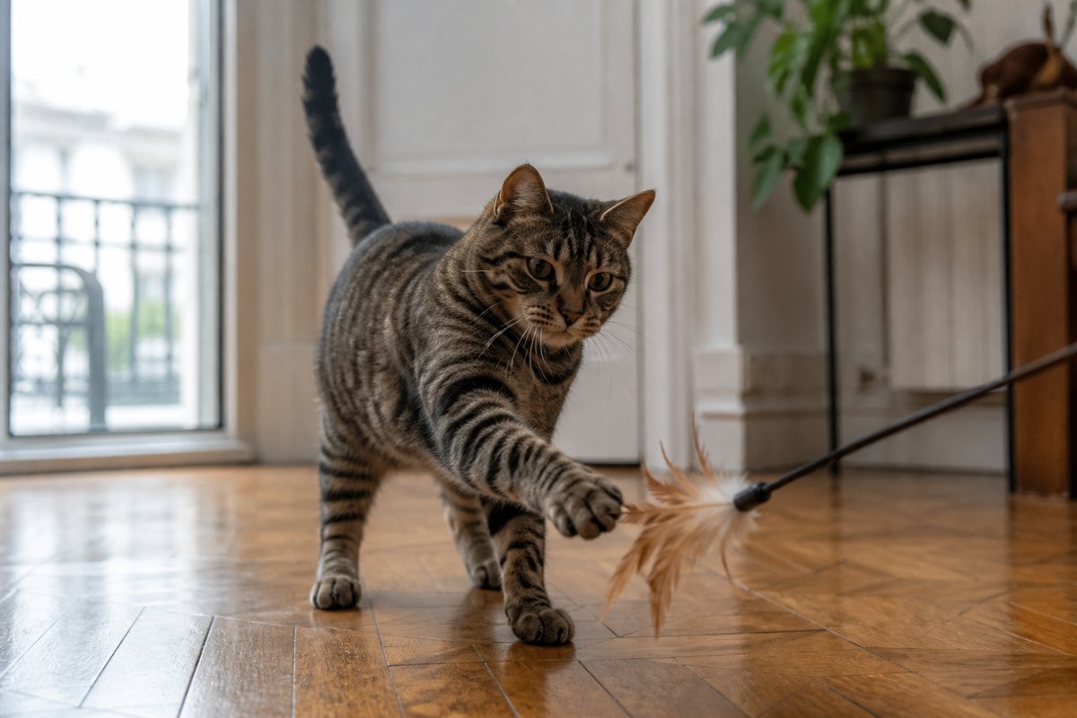 Gato jugando con varita de pluma en living de depto, foto Gemini (no stock)
