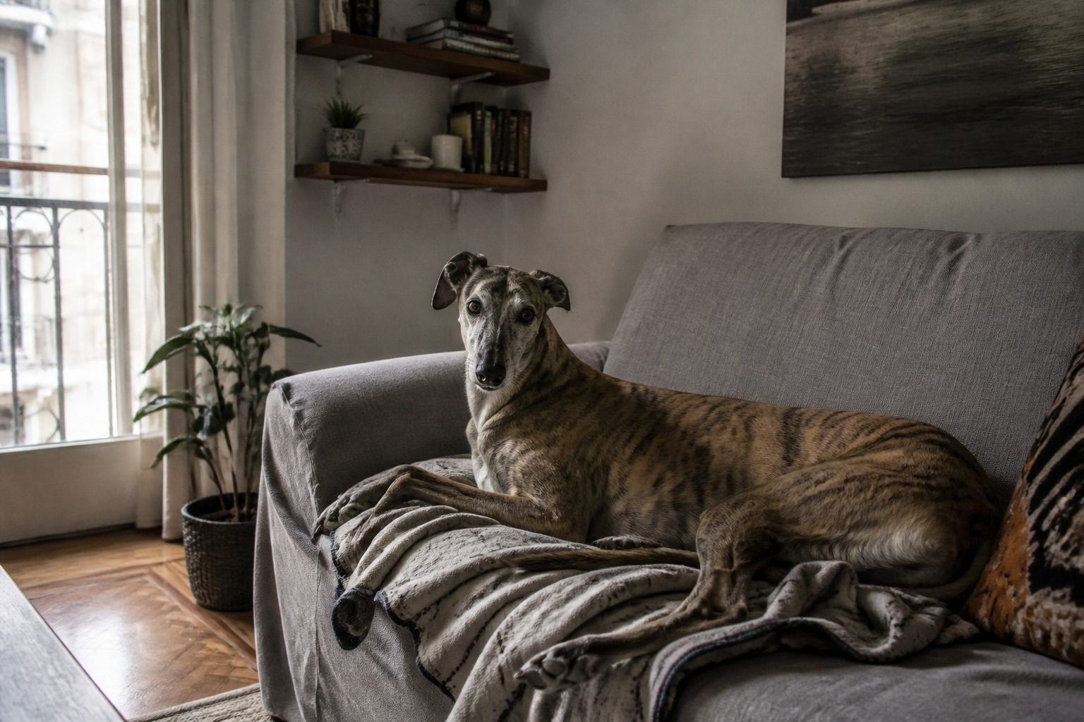 Galgo atigrado recostado en un sillón gris, depto con planta y balcón, foto ilustrativa (Gemini, no Unsplash)