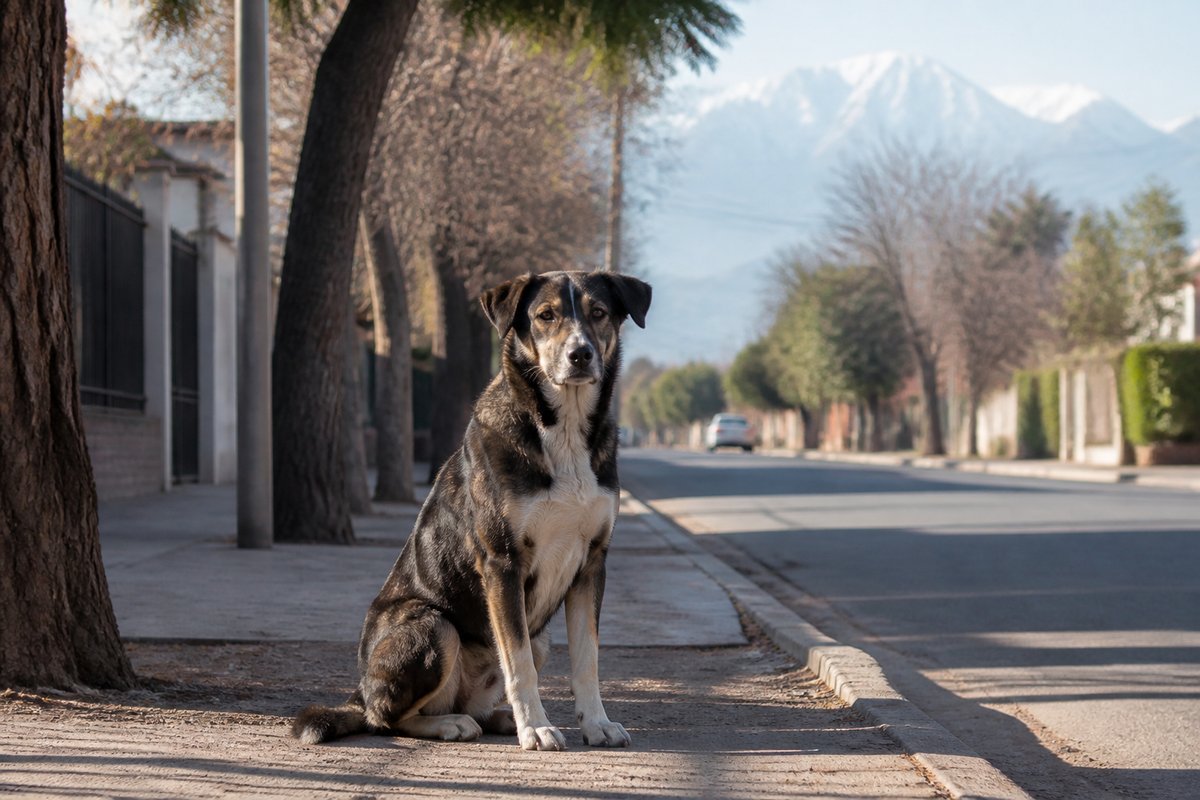 Perro mestizo sentado en vereda de Mendoza con la cordillera nevada al fondo, foto ilustrativa (no Unsplash)