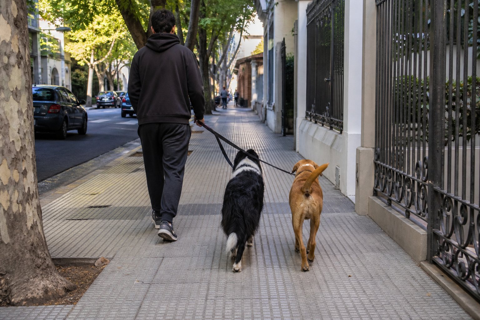 Paseador con dos perros en vereda de CABA, foto Gemini (no stock)