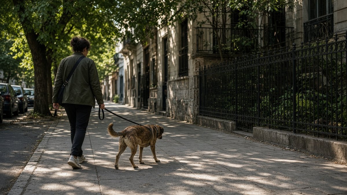 Paseador con perro en vereda tipo Almagro, foto única Patitas Pets