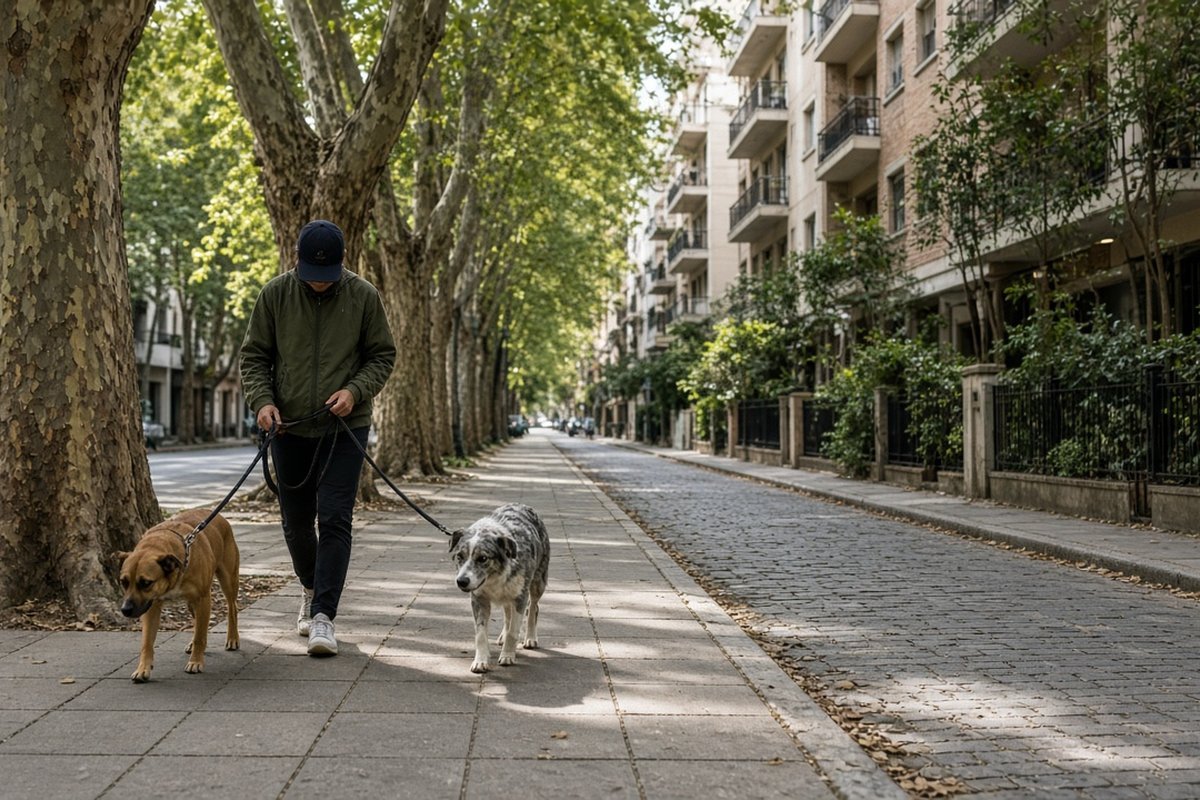 Paseador con dos perros en vereda arbolada tipo Palermo, foto Gemini (no stock)