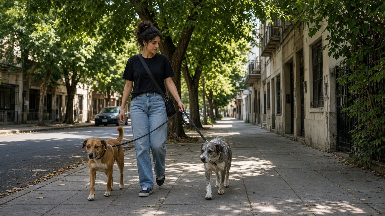 Paseador con dos perros en vereda tipo Villa Crespo, foto única Patitas Pets