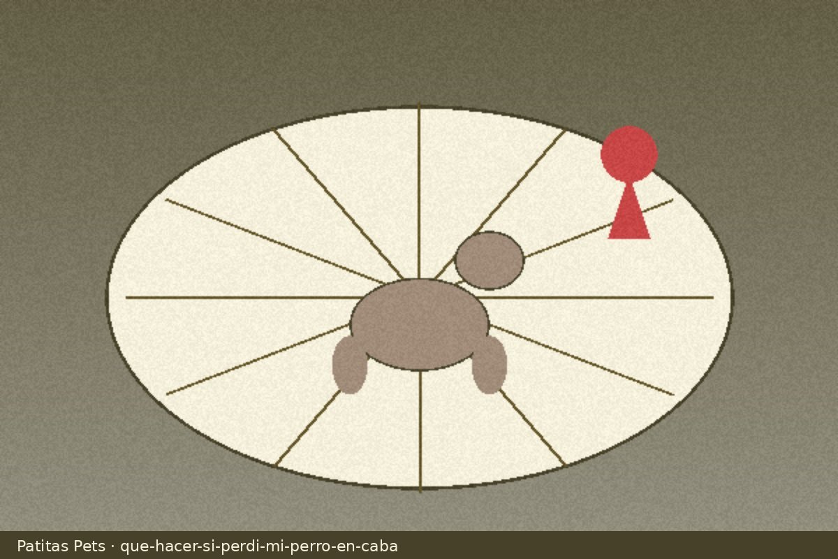 Ilustración de mapa radial con perro y pin de ubicación en CABA, foto local Patitas Pets (no stock)
