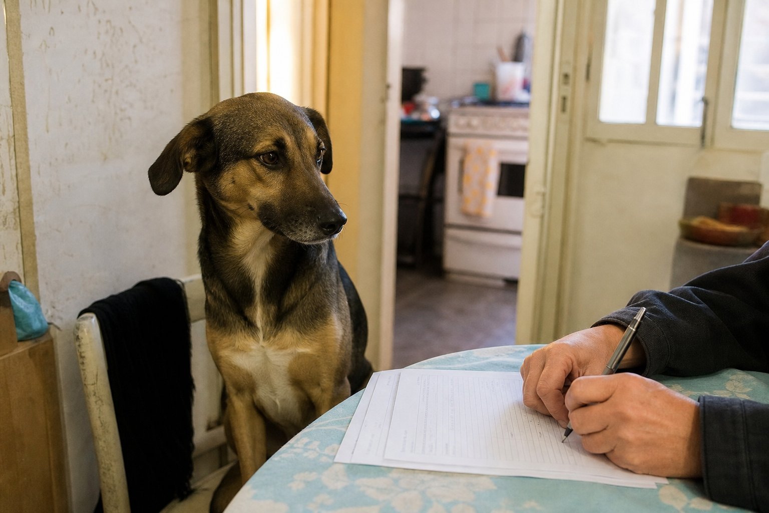 Perro mestizo marrón y negro sentado en silla mientras alguien firma papeles en la mesa, foto ilustrativa (Gemini)