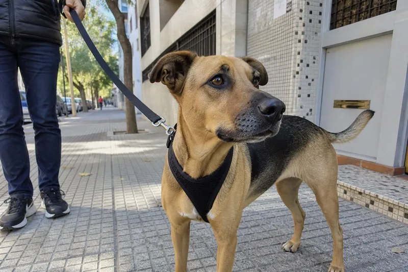 Mestizo canela y negro con arnés en Y negro y correa en vereda de baldosas, foto Gemini (no stock)