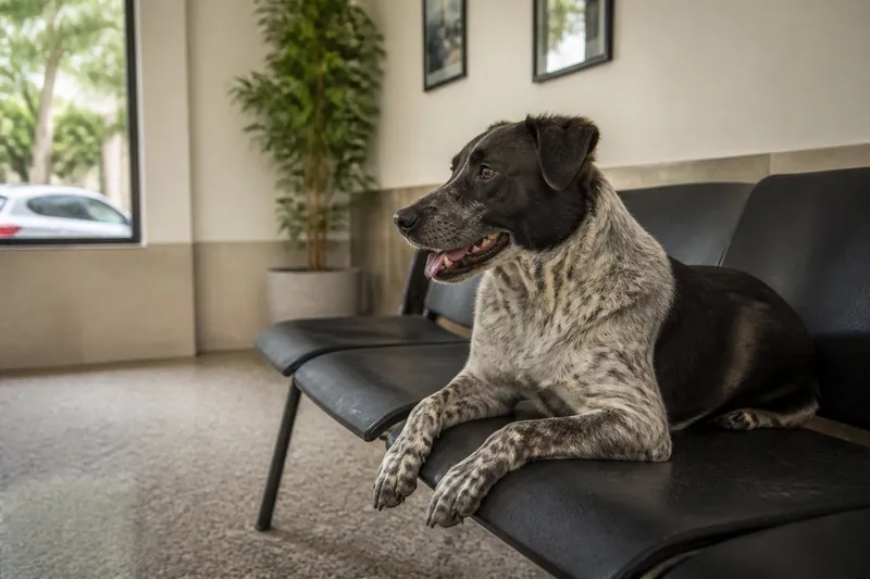 Perro mestizo en consulta veterinaria con collar, foto ilustrativa de castración en PBA