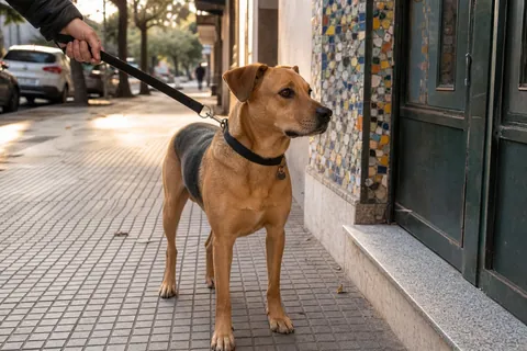 Mestizo canela y negro con collar negro y chapita en vereda de baldosas, foto Gemini (no stock)