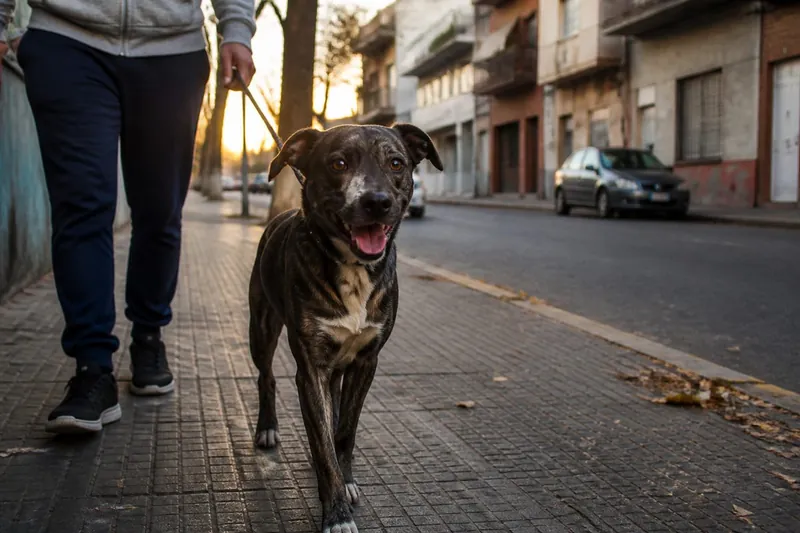 Perro mestizo con correa caminando por una vereda urbana al atardecer, foto ilustrativa (Gemini)