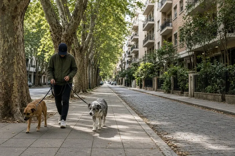 Paseador con dos perros en vereda arbolada tipo Palermo, foto Gemini (no stock)