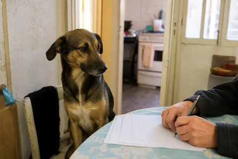 Perro mestizo marrón y negro sentado en silla mientras alguien firma papeles en la mesa, foto ilustrativa (Gemini)