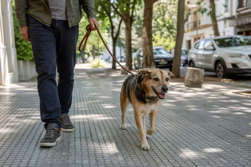 Persona paseando un perro con correa en vereda porteña, bolsa de residuos en mano, foto ilustrativa (no Unsplash)