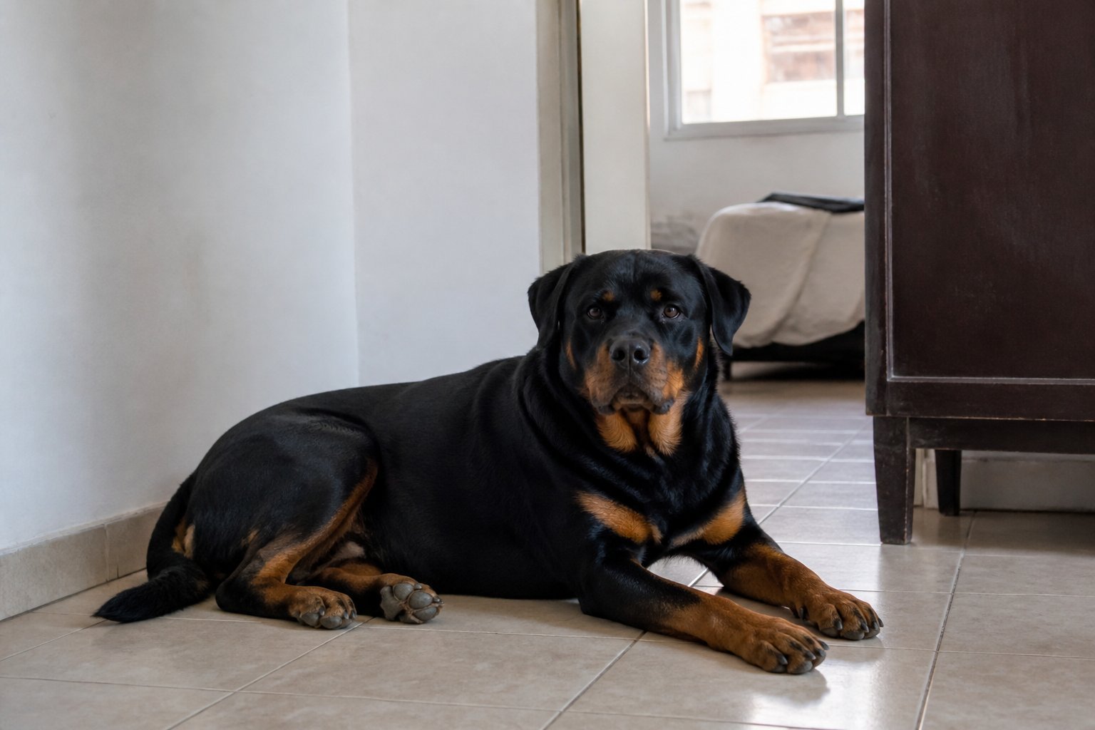 Rottweiler negro y fuego recostado en piso de baldosas de un depto, foto Gemini (no stock)