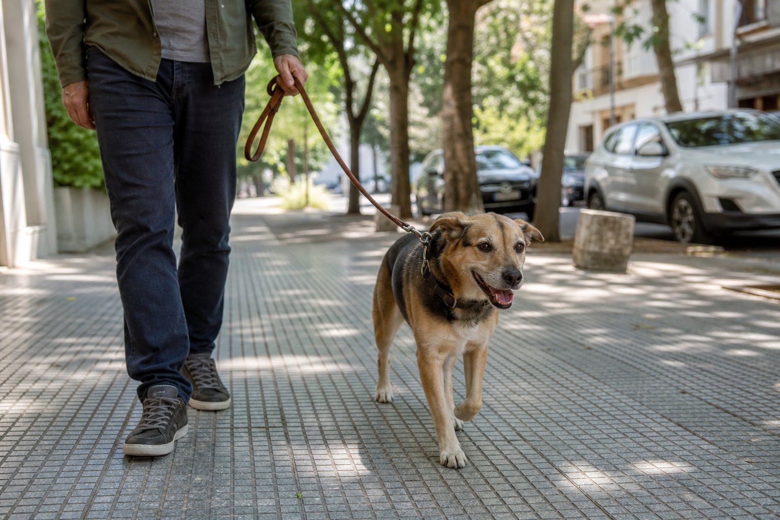 Persona paseando un perro con correa en vereda porteña, bolsa de residuos en mano, foto ilustrativa (no Unsplash)