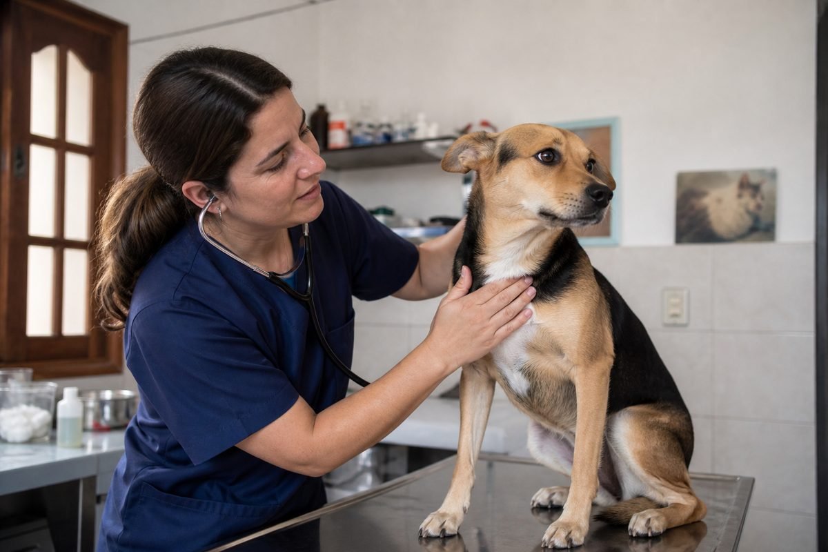 Veterinario revisando un perro mestizo en consultorio, foto Gemini (no stock).